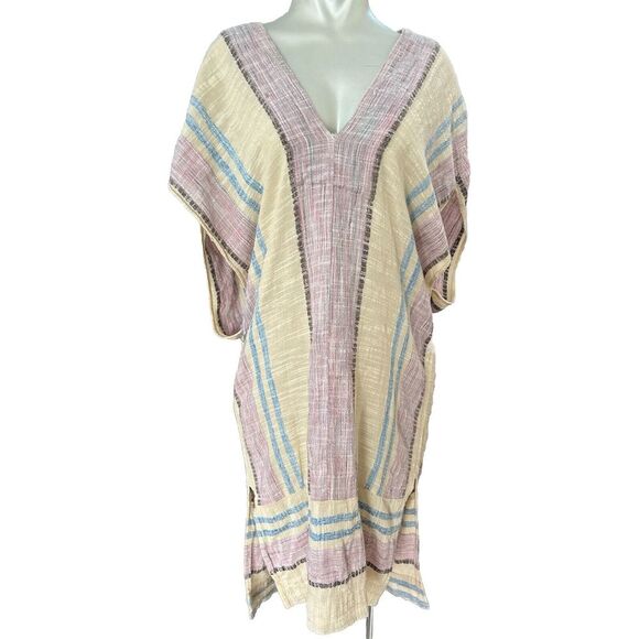 FREE PEOPLE Pullover Tunic Top Dress Large V Neck Stripe Naturecore Beach Boho‎ - Picture 1 of 8